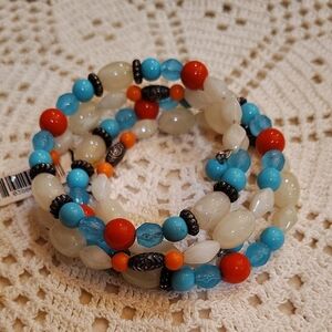 Beaded Memory Bracelet Turquoise White Orange Bronze Accents NWT